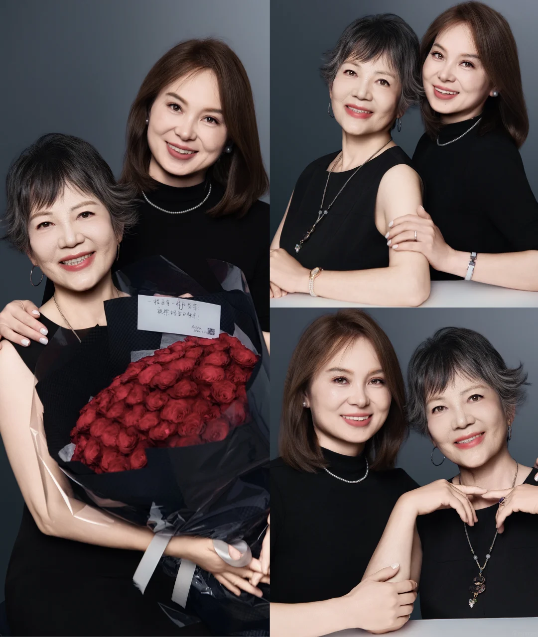 Alicia and her mother in black with a bouquet of red roses